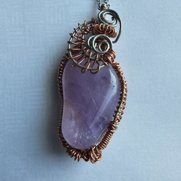 Natural Amethyst Gemstone Copper Wire Wrapped Pendant Necklace, Artisan Boho - Picture 4 of 5